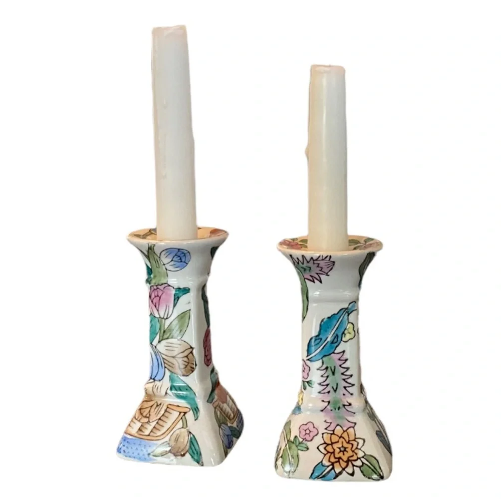 Vintage Chinoiserie & Floral Style Taper Candlestick Holders - set of 2
